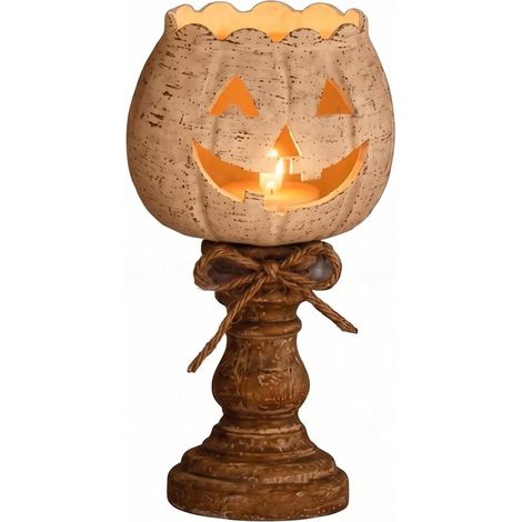 Lot de 3 bougeoirs citrouille vintage, support rustique pour bougie chauffe-plat Jack-O-Lantern avec socle aspect bois, décoration de table automnale, d'Halloween et de Thanksgiving de style ferme (1/5)