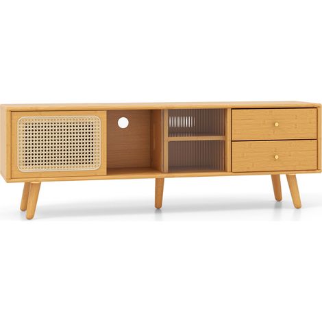Meuble TV bambou naturel pour écran 65 pouces avec tiroirs, portes en rotin et verre, étagère réglable pour salon et chambre (1/5)