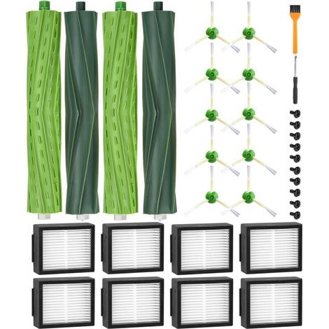 Pièces de rechange pour iRobot Roomba E5 E6 i7 i7+ i3 i3+ i4 i4+ i6 i6+ j7 j7+, Kits d'accessoires de rechange pour Roomba série i/e/j, 4 brosses en caoutchouc, 8 filtres HEPA, 10 brosses latérales Ac (1/4)