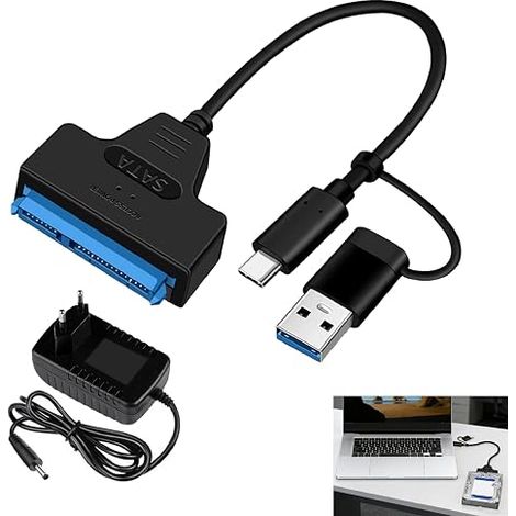 Adaptateur SATA USB 3.0, Câble SATA USB avec Alimentation 12V 2A, Convertisseur Disque Dur SSD HDD 2,5" et 3,5", Transfert 5 Gbps UASP, Adaptateur Externe Clonage Sauvegarde et Récupération de Données (1/5)