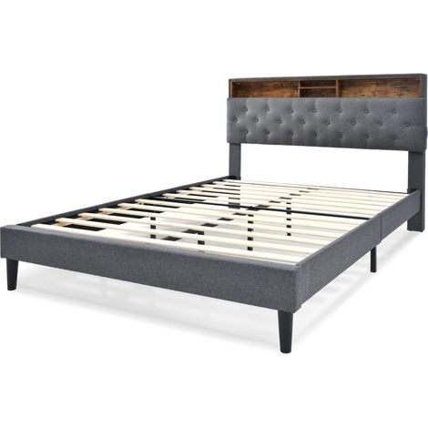 Letto matrimoniale imbottito grigio 140 x 200 cm con testiera contenitore e LED (1/5)