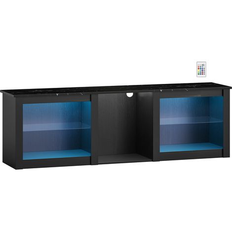 Meuble TV LED 160 cm pour téléviseur jusqu'à 70 pouces, étagères en verre ajustables, finition noire (1/5)