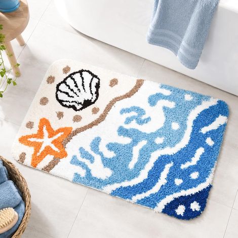 CCYKXATapis de Bain, Motif Vagues Océan, Tapis pour Salle de Bains, Décoration Colorée et Mignonne 3D avec Étoile de Mer et Coquillage, Microfibre Douce an (1/5)