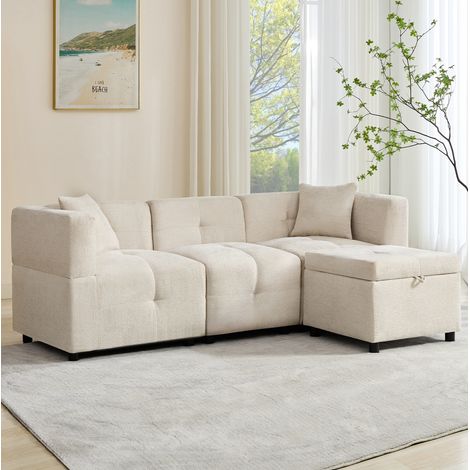 Ecksofa 204x126x69 cm Beige Chenille mit Stauraum, Hocker und 2 Kissen (1/5)