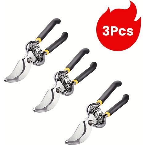 Lot de 3 sécateurs de jardin professionnels à bypass – Lames en acier carbone ultra-tranchantes, poignées ergonomiques, pour branches épaisses (1/5)