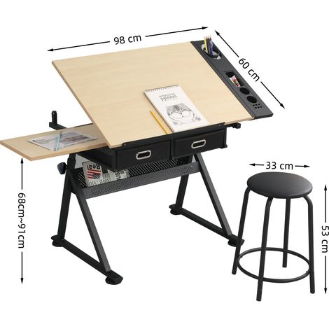 Table à dessin ajustable avec 2 tiroirs, parfaite pour bureau et école, incluant tabouret en érable. (1/5)