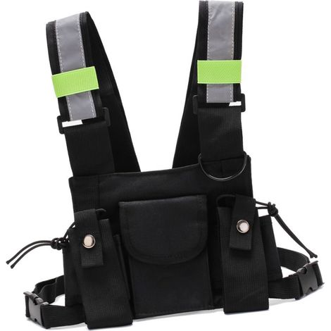 Harnais de poitrine avec sac rigide, gilet streetwear, porte-talkie-walkie, poche poitrine pour secours en extérieur et sécurité publique, noir avec bande réfléchissante. (1/5)