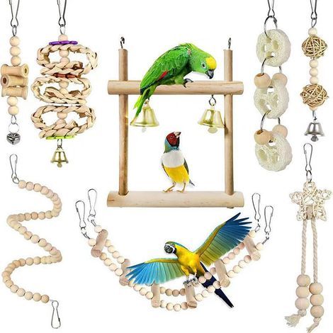 Kauspielzeug aus Naturholz für Papageien, Hängeglocke, Kletterleitern, Vogelschaukel für Vogelkäfige, geeignet für kleine Wellensittiche (8-teilig) (1/5)