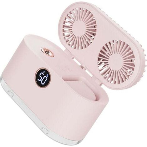 Ventilador humidificador pequeño 2 en 1, recargable por USB, potente viento, portátil, con aspas dobles, para oficina y dormitorio, color rosa (1/5)