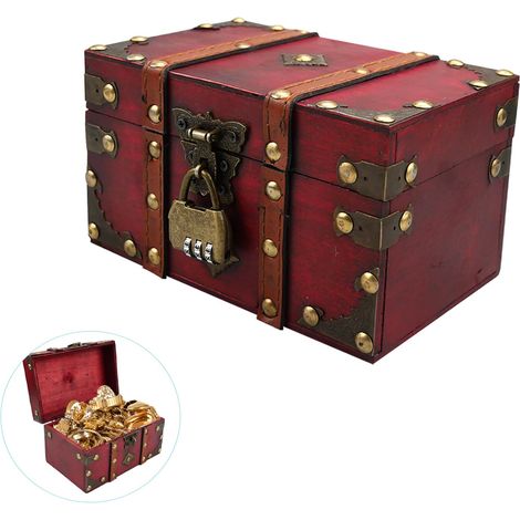 Coffre au Trésor en Bois Vintage avec Cadenas - Boîte de Rangement pour Enfant, Style Pirate, Rouge Profond - 18x11x10cm (1/5)