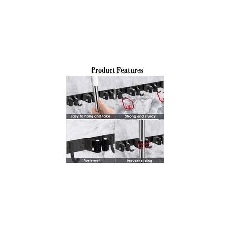 Accroche Balai Mural, 5 Supports + 4 Crochets Noir Porte Balais Mural, Support Balais Mural, Porte Balais Mural Sans Percage, Rangement Balai, Attache Balai Mural (1/3)