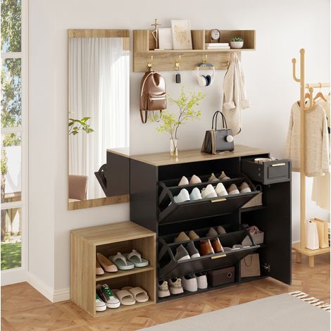 Mueble de entrada 4 piezas con zapatero, banco, espejo, negro/natural DESVIAE (1/5)
