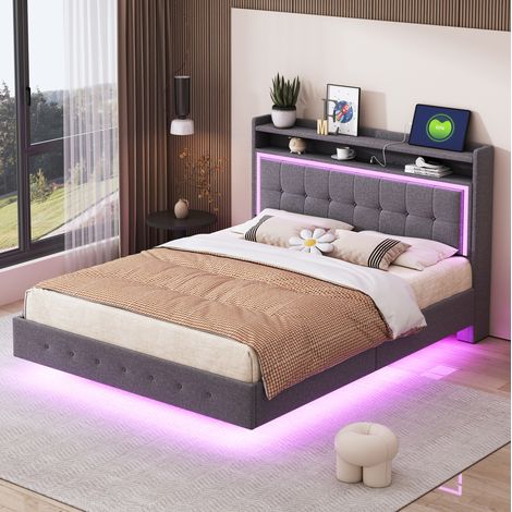 Bett Doppelbett 140x200 mit USB LED Polster Grau OKMYHOME (1/5)