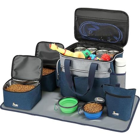 Reise-Hunde-Zubehörset mit Futterbeuteln, faltbaren Näpfen, Matte und Tasche für Ausflüge, Blau (1/4)
