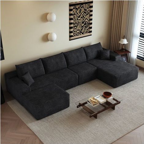 Canapé Modulable 340x175x83cm Sans montage - Canapé d'angle - 5 places, Velours côtelé noir, Pouf inclus, Assise profonde (1/5)