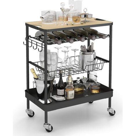 Sekey Barwagen Servierwagen mit Rollen und Arbeitsplatte, Küchenwagen mit Flaschenhalter, 36 x 59 x 75 cm (1/5)