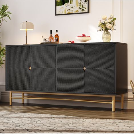Buffet de rangement 160 cm à 4 portes avec texture en relief, fermeture douce, noir DESVIAE (1/5)