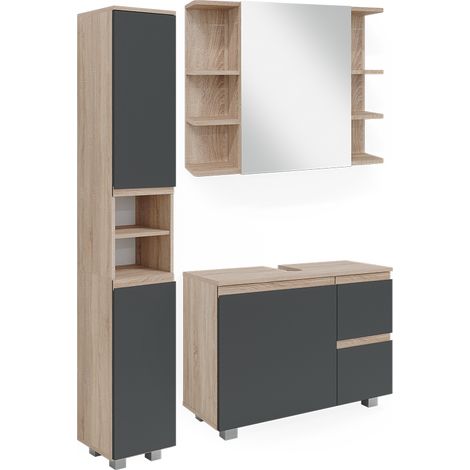 Set mobili bagno J-Shape, Sonoma, 3 parti, con armadio alto, Vicco