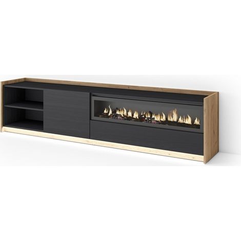 Skraut Home - Mueble TV, Televisión, Muebles de salón, almacenaje, 207x37x50cm, Para TV hasta 80", Chimenea eléctrica, LED, Estilo Moderno, Negro y roble (1/5)