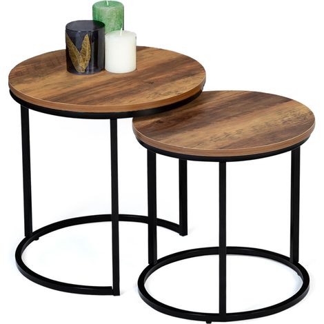 Idmarket – Lot de 2 tables basses gigognes rondes 40/45 cm – Bois foncé effet vieilli – Structure métal noir – Style industriel moderne
