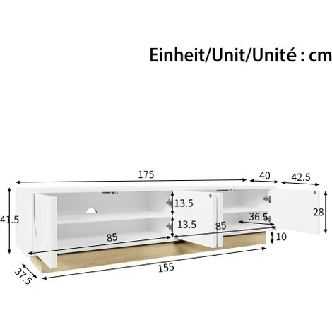 Meuble TV bas moderne – 175 x 40 x 41,5 cm, blanc mat, 4 compartiments avec portes en relief 3D – Style contemporain et rangement (1/5)