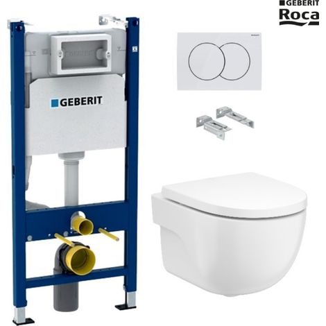 Bastidor empotrado GEBERIT Duofix pack cisterna y pulsador Delta 01 blanco brillo con inodoro suspendido Meridian de ROCA