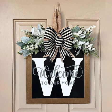 Couronne de Porte en Bois pour Accueil avec Letter Nom et Garniture Artificielle, Décor d'entrée Annuel et Signe Bienvenue Artificielle Letter Garland [Décoration Maison  Bois  Multicolor] (1/5)