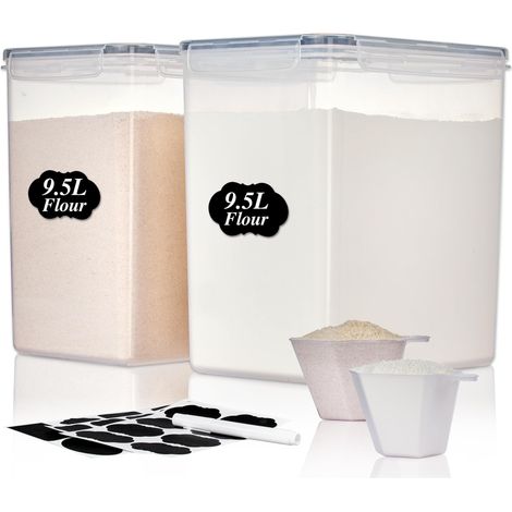 Boite Hermetique Alimentaire Cuisine, Boite Farine, 9.5L, 2 Pack Plastique, sans BPA, pour Conserver Farine, Sucre, Céréales et Pâtes, Empilables, avec Doseur et 24 Étiquettes (1/5)