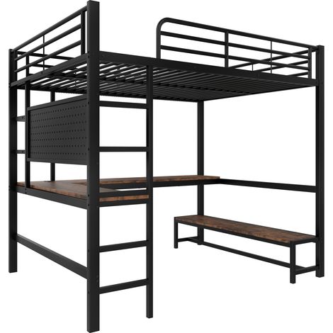 Letto a soppalco 140 x 200 cm in metallo nero con scrivania, ripiani, scala, LED e presa USB Type-C (1/5)