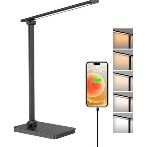 LED-Schreibtischlampe dimmbar, 15 W Tischleuchte mit USB-Anschluss, 5 Farbtemperaturen, Touch-Steuerung, augenschonende Schreibtischleuchte mit Timer