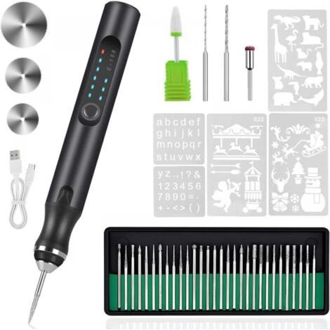 Stylo graveur électrique rechargeable USB avec 37 embouts et 5 modèles – Kit d’outils de gravure polyvalent pour bois, métal, plastique, verre et cuir (1/4)