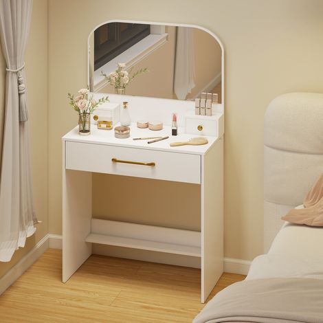 Coiffeuse avec miroir, coiffeuse compacte à 3 tiroirs, blanche (1/5)