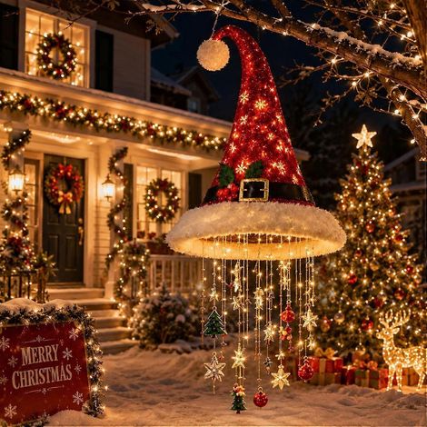BLustre suspendu en forme de chapeau de Père Noël lumineux, lumière LED chaude de Noël, décoration de suspension conique à paillettes avec pompon en forme d'étoile et carillon, éclairage de Noël pour  (1/5)