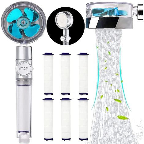 Pommeau de Douche anti calcaire economie deau, Pommeau de Douche Helice Haute Pression Pivotant à 360 °, Filtre à Trois Niveaux Système de Filtrage avec,6 Coton PP Remplaçable (bleu 1) (1/5)