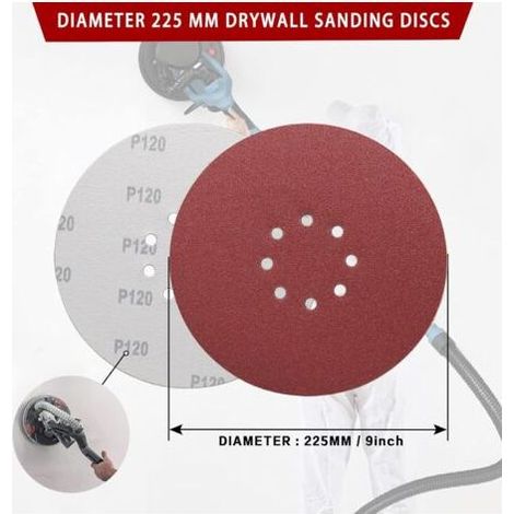 Disque Poncage 225 mm, Disque Abrasif 225mm 8 trous 50pcs Disques de ponçage 225mm 10X P40/60/80/120/240 Disques abrasifs auto-agrippants pour ponceuses à long cou, Ponceuses à plâtre