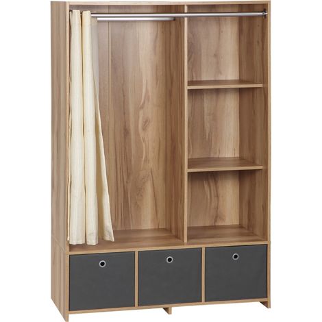 Armoire penderie tissu amovible avec 3 tiroirs et tringle 105x48x160 cm style naturel pour chambre rangement optimisé (1/5)