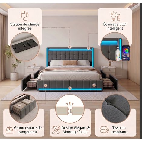 Lit 140x190 cm avec sommier, lit double capitonné, 4 tiroirs,  éclairage LED réglable, deux ports USB/C, style scandinave, Lin - Gris Foncé