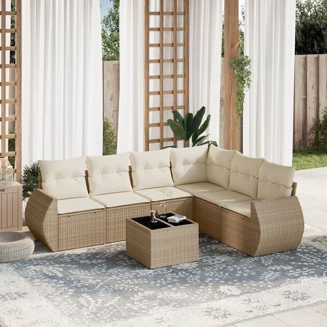 Set sofás de jardín 7 piezas y cojines ratán sintético beige (1/3)