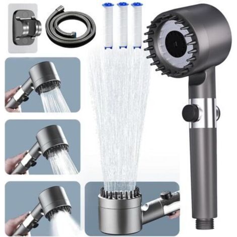 High Pressure Anti-Limescale Shower Head, Water Saving Filtering Shower Head with 1.5M Hose and Support, 4 Jet Modes Shower Bulb with Pause Button Shower Head, Gray (1/5)