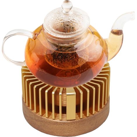 Chauffe-théière, Base du Chauffe-théière Chauffe-Tasse à café de Champagne Gold pour Bureau,Base en Bois de Noyer Massif, Chauffe-Boisson de décoration de Maison pour Salon, Chambre à (1/5)