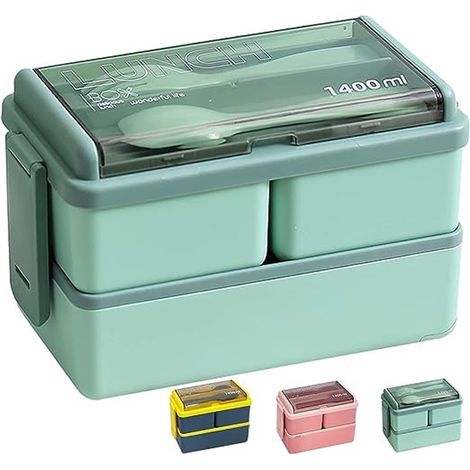 Boîte à déjeuner - Boîte Bento 1400 ml - Pour adultes et enfants - Boîte à déjeuner avec compartiments et couverts - Plastique - Convient au micro-ondes - Anti-fuite - Vert