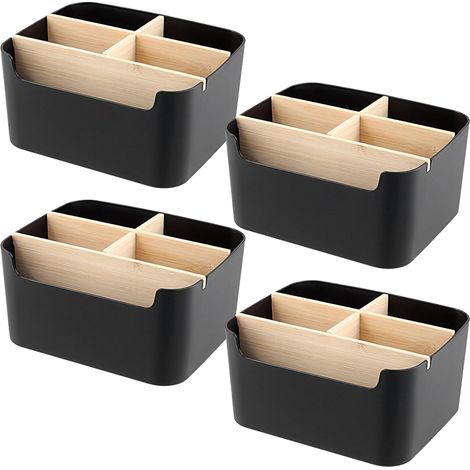 Lot de 4 Boîtes de Rangement Bureau en Bois, avec 5 Compartiments Amovibles, 18,2 x 14,6 x 9,3 cm, Porte-Télécommandes, Organisateurs de Bureau pour Stylos, Ciseaux, Télécommandes (1/5)