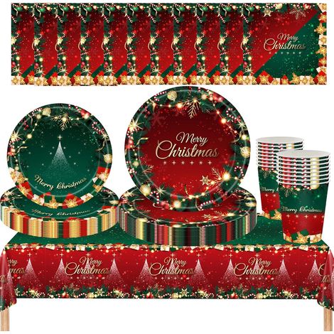 69 Pièces Vaisselle de Noël en Papier, Service de Table Rouge et Vert avec Assiettes, Serviettes, Gobelets et Nappe pour 16 Convives, Décoration de Table pour Fêtes de Noël (Tableware Set)