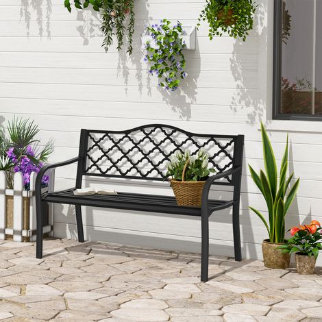 Banc de jardin 2 places en fonte style antique avec accoudoirs et dossier. 128 x 58.5 x 89 cm. noir (1/5)