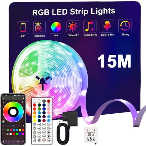 Ruban LED 15M RGB - Bande LED avec 44 Touches Télécommande,Contrôlé par APP du Bluetooth,Convient pour les fêtes  La décoration de la maison (1/5)
