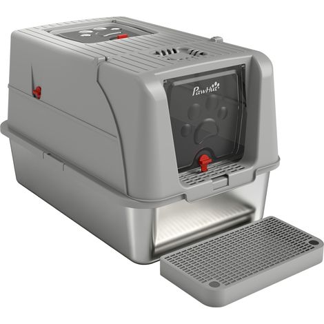 PawHut Lettiera Chiusa per Gatti XL in Acciaio Inox con Coperchio, Grigio Chiaro (1/5)