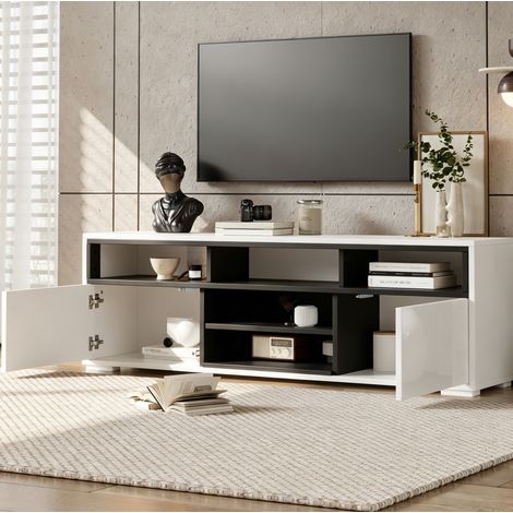 Mobile TV con 2 Ante e Scomparti Aperti, LED, Finitura Lucida, per Soggiorno Piccolo, 150 × 35 × 50 cm (1/5)