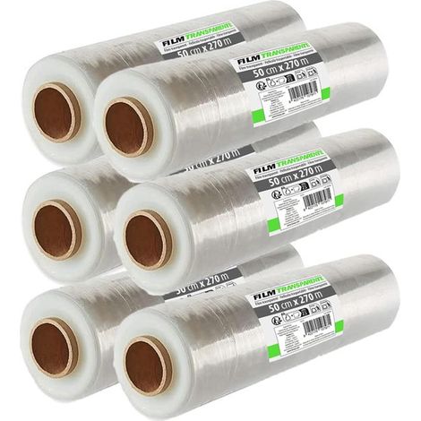 Lot de 6 Film rétractable transparent pour emballage colis déménagement ou expédition 3 kg/20 µm. Largeur 50 cm x Longueur 270 m (1/3)