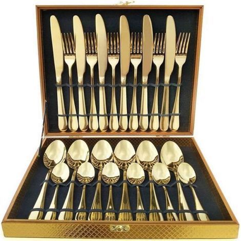 Ménagère 24 couverts dorés et modernes pour 6 personnes en acier inoxydable, pour mariage ou tout autre événement (1/4)