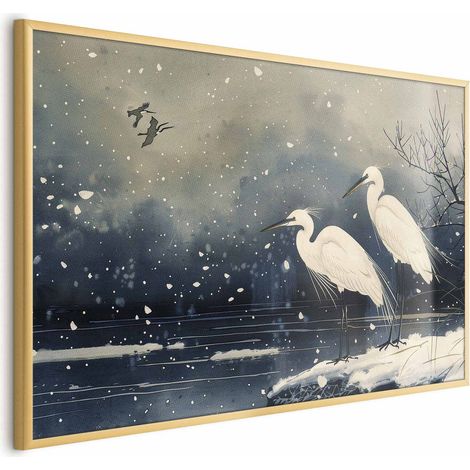 Poster – Reiher am Winterteich – Illustration im japanischen Stil in dunklen Farben (1/4)